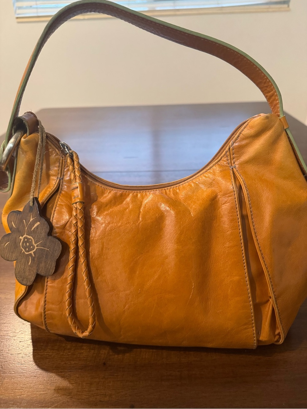 Franklin Covey Women's Yellow Leather Hobo Bag with Floral Charm